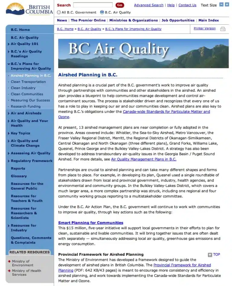 BC Air Quality, Airshed Planning in BC