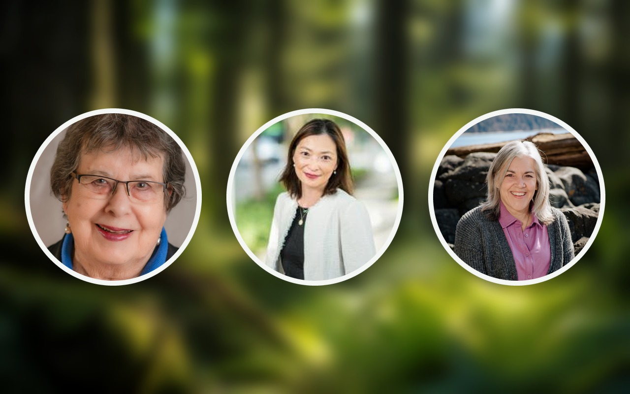Portraits of new BCHC board members Sherry Baker, Dr. Louisa-May Khoo and Renée Laboucane, left to right, on a blurred forest background